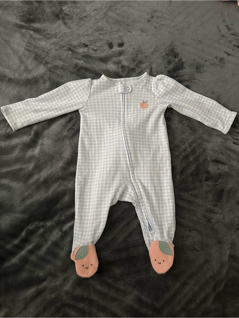 Carter's Light Blue Gingham Footed One-Piece with Peach Appliques